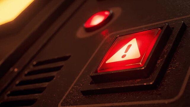Red Emergency Warning Button with Alert Icon on Sci-Fi Control Panel

