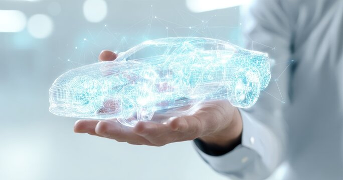 Holographic car design in a hand - Powered by Adobe