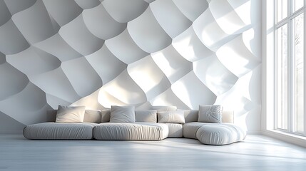 Modern living room with minimalist sofa against a sculpted white wall and large window.