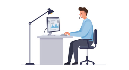 Smiling Man Working on Computer at Desk.