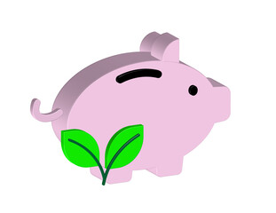 Simple 3D icon with a piggy bank and a plant, PNG format
