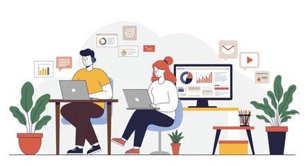 Two People Working on Laptops at Desks.