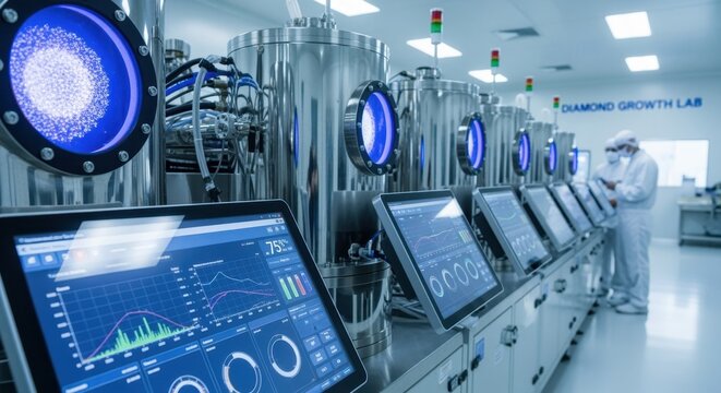Industrial cleanroom interior focusing on diamond CVD reactors featuring sapphire windows and realtime data tracking on adjacent control terminals.