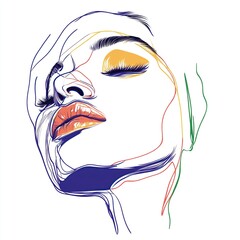 Abstract Line Art Woman Portrait with Vivid Colors, Closed Eyes, and Stylized Facial Contours