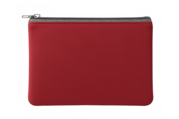 Red pencil case featuring grey zipper, resting on transparent surface, highlighting school supply essentials