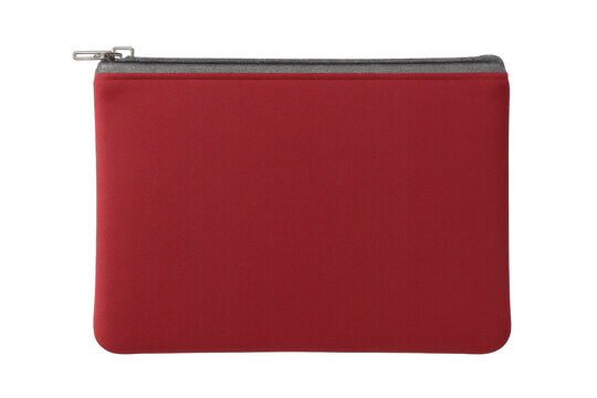 Red pencil case featuring grey zipper, resting on transparent surface, highlighting school supply essentials