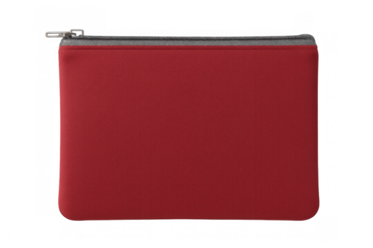 Red pencil case featuring grey zipper, resting on transparent surface, highlighting school supply essentials