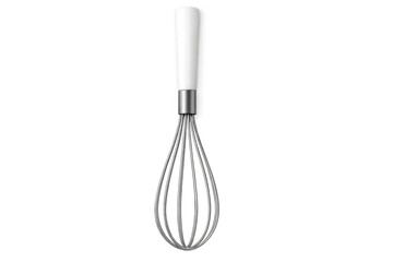Whisk with metallic wires and white handle isolated on transparent background, perfect for mixing ingredients while cooking
