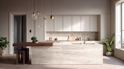 soft light over travertine kitchen island with minimalist quiet luxury fixtures