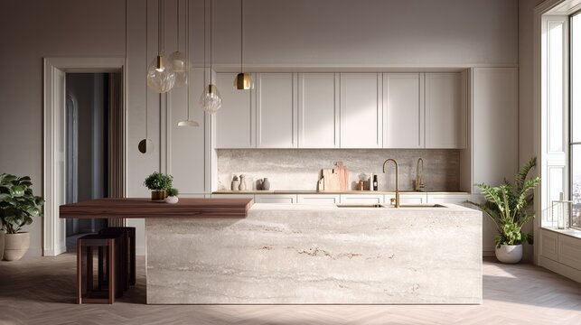 soft light over travertine kitchen island with minimalist quiet luxury fixtures
