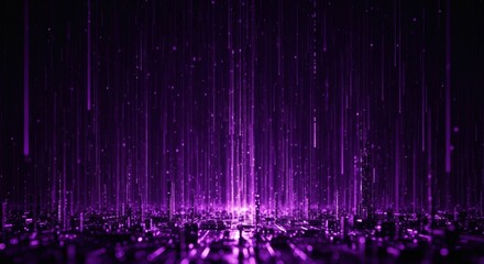 Digital city scape with vertical purple light streaks against a dark background