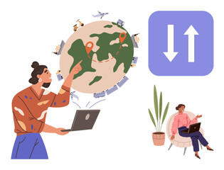 Professional pointing at globe with logistic icons using laptop, another working remotely. Ideal for logistics, technology, communication, globalization, remote work, trade innovation. Simple flat