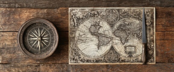 Antique compass and world map on rustic wooden table