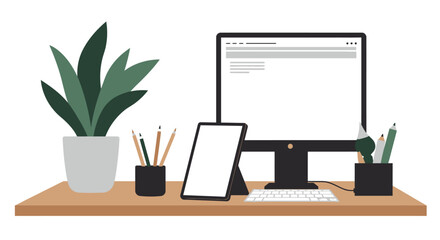 Modern Workspace with Computer Tablet and Pencils.