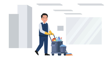 Smiling Janitor Pushing Cleaning Cart in Building.