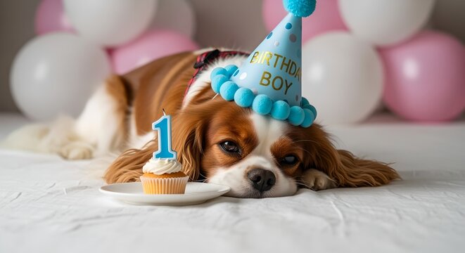 Cute Dog Wearing Blue Party Hat with Cupcake for First Birthday - Powered by Adobe