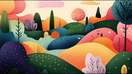 Vibrant animated landscape showcasing colorful hills, trees, and serene water in a whimsical setting - Powered by Adobe