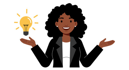 Smiling Black Woman with Lightbulb and Open Hands.