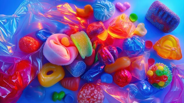 A pile of colorful candis on a blue background