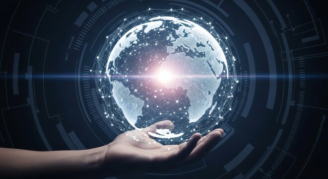 Hand holding a glowing digital globe against a dark abstract background