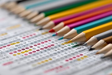Colorful Pencils on Answer Sheet Macro Shot of Test Scoring and Academic Concepts
