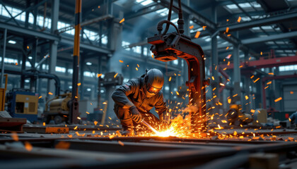 Skilled worker engages steel structure welding, surrounded by dynamic industrial environment filled with sparks and machinery. scene captures intensity and precision of welding process