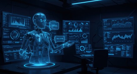 Futuristic AI humanoid analyzing complex data on holographic interface screens in a high-tech command center