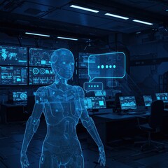 Artificial intelligence humanoid hologram processing data and communicating in a high-tech command center.