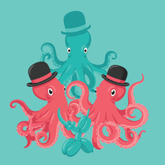 Three Whimsical Octopuses Wearing Bowler Hats with Balloon Animal.