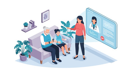 Fototapeta premium Family receiving online medical advice from a doctor during a virtual consultation at home.
