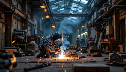 Skilled welder creates bright sparks dimly lit industrial workshop, showcasing artistry and precision of metalwork. atmosphere is filled with energy and focus, highlighting craftsmanship involved