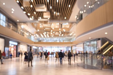 Blurred view of a bustling shopping mall interior