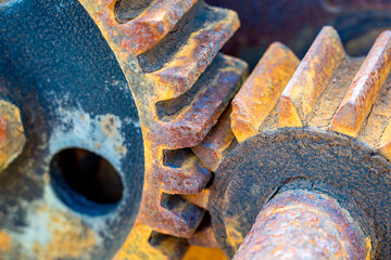 Detail of the gear wheels of the old machine for pulling whales and sperm whales in the old whale factory in the intervention area of  Ponta do Castelo on the island of Santa Maria-Azores-Portugal.
