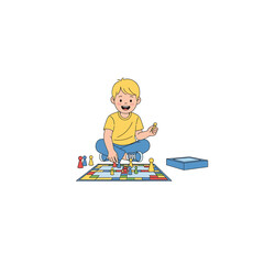Cheerful young boy sitting on the floor and playing a colorful board game, isolated on a white background