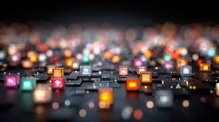 Colorful digital symbols emerging from abstract interface, representing next-gen media, tech engagement, user interaction, and immersive communication system concept