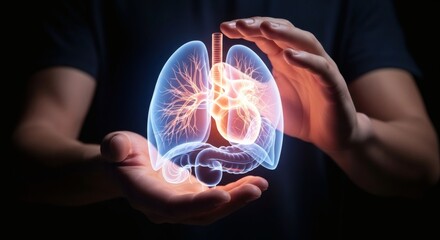 Human hands cupping a glowing anatomical model of lungs and heart