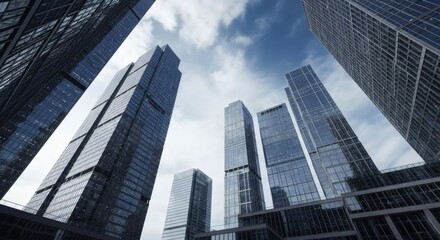 Obraz premium Low angle view of modern glass skyscrapers against a cloudy sky