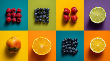 top view of assorted berries and citrus fruits aligned in a 3x3 grid on vibrant backgrounds in a studio