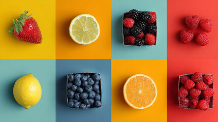 top view of assorted berries and citrus fruits aligned in a 3x3 grid on vibrant backgrounds in a studio