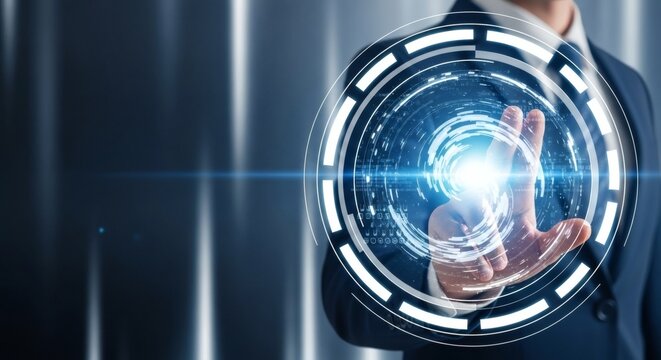 Man in suit touching a glowing digital interface with concentric circles - Powered by Adobe