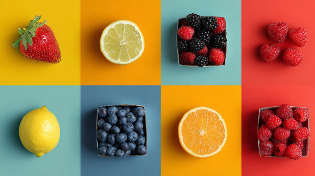 top view of assorted berries and citrus fruits aligned in a 3x3 grid on vibrant backgrounds in a studio