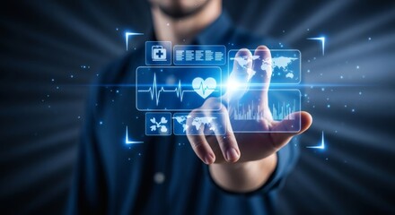 Man touches futuristic holographic display with medical icons and charts