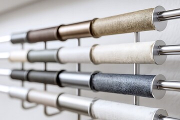 Diverse Curtain Fabric Swatches on Metal Rods Displaying Color and Texture Variety