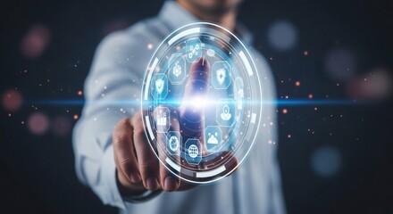 Man touching a futuristic digital interface with icons