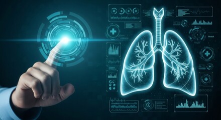 Man touching a glowing interface displaying lungs and medical data