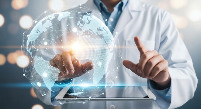 Man in lab coat touches holographic globe on tablet