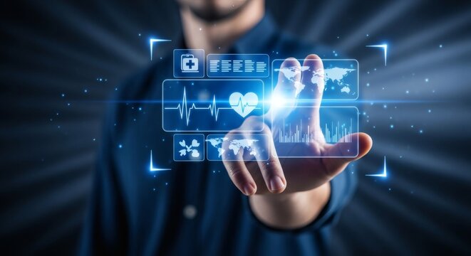 Man touches futuristic holographic display with medical icons and charts