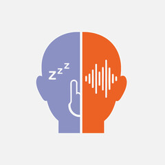 Conceptual icon of a human head split between a sleeping state and a sound wave.
