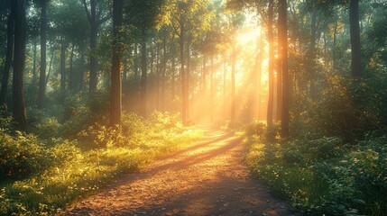 Obraz premium Sunlit forest path. Lush, verdant trees line a pathway bathed in golden morning light, creating a serene and peaceful atmosphere