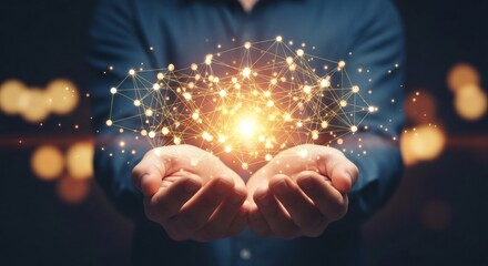 Person holding a bright network of connected glowing nodes